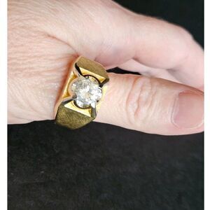 14K Yellow Gold Plated Clear Rhinestone Men's Ring Size 10.5 Vintage